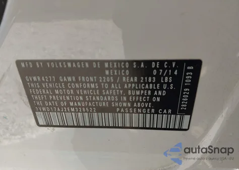 2014 Volkswagen Jetta 1.8T Se z USA, uszkodzony, nr VIN 3VWD17AJ2EM328522